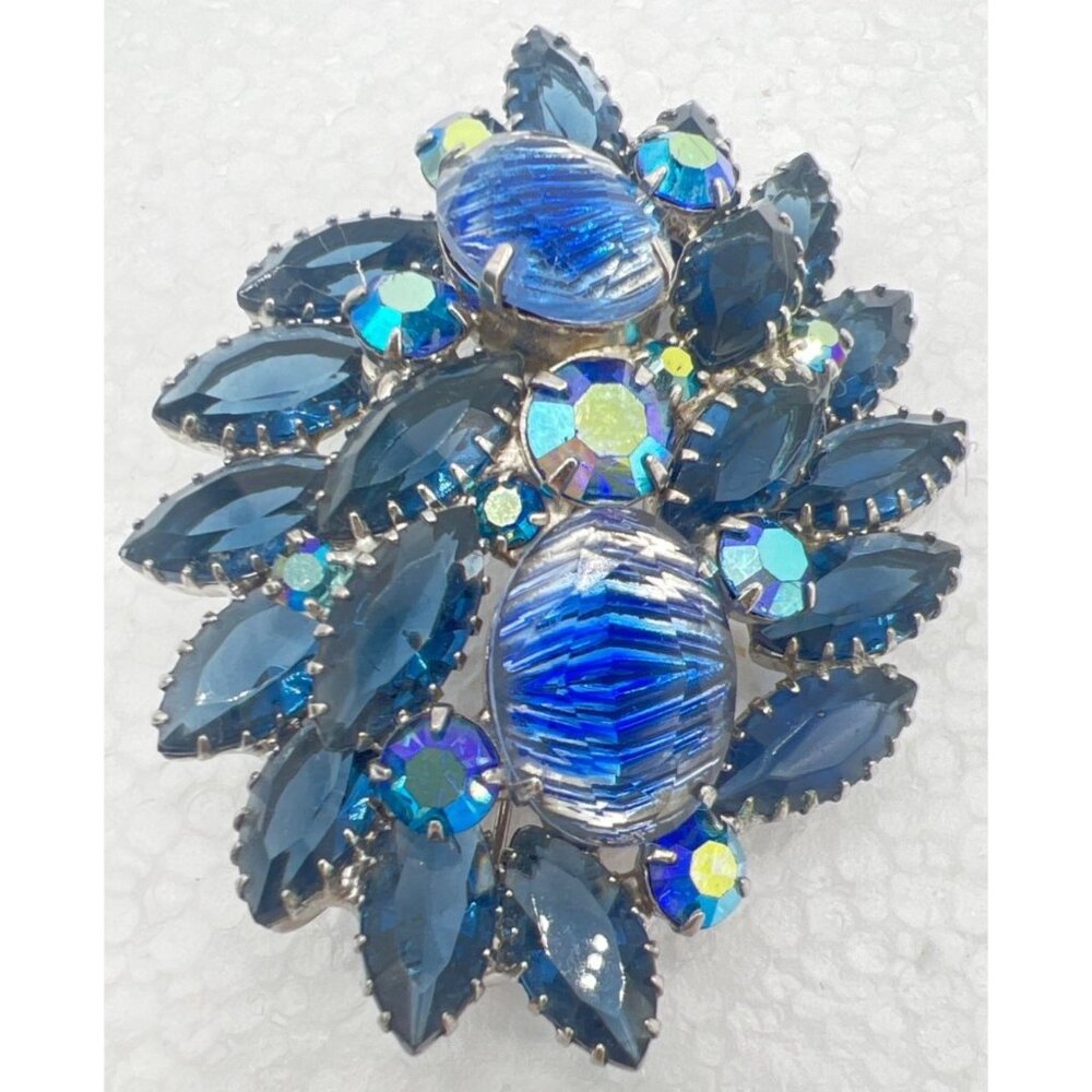 Vintage Givre‎ Brooch Pin Blue AB Navette Art Glass Open Backs Rhinestones READ